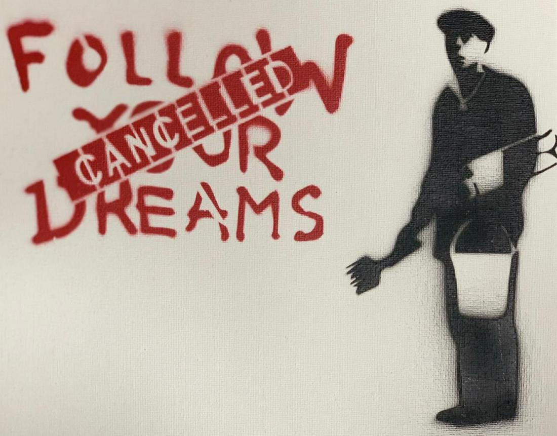 Banksy Dismaland "Followed your dreams" spray paint: Original graffiti artwork from WSM. Sell as souvenir in Dismaland, from an artist invited by Banksy. A tribute for Banksy. Size: 8\" x 10\"" (25.5 x 20.32 cm) canvas board. Dismaland was a temporary a