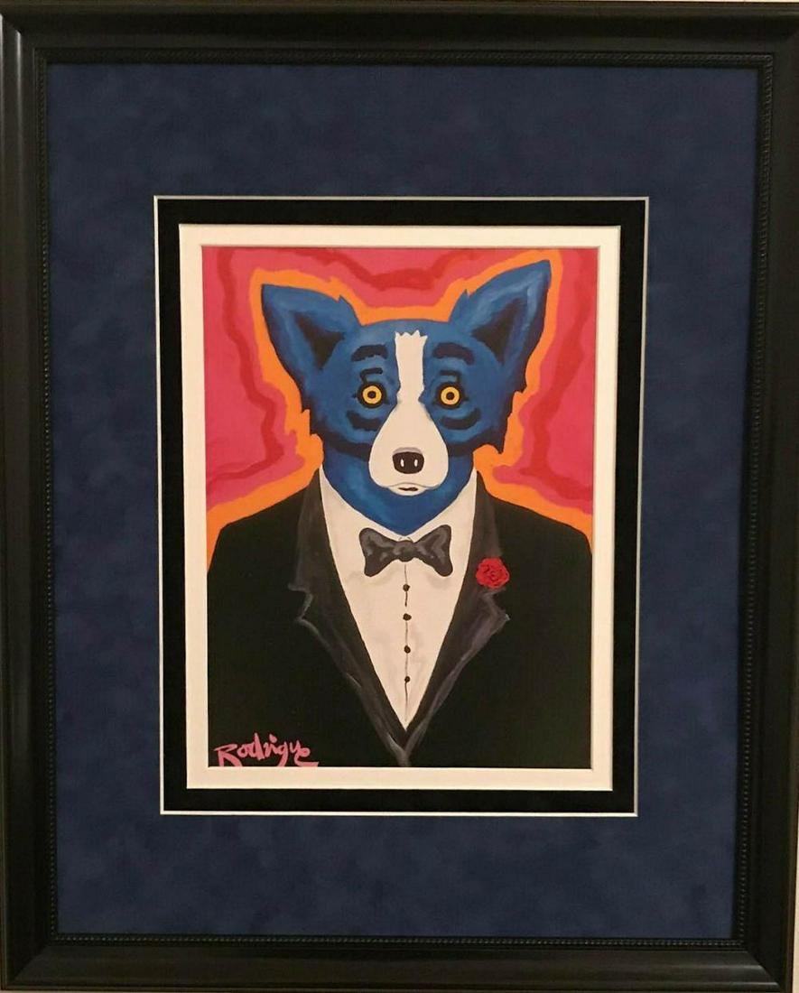GEORGE RODRIGUE, BLUE DOG BLACK-TIE AFFAIR FRAMED: GEORGE RODRIGUE'S BLUE DOG " BLACK-TIE AFFAIR " FRAMED & MATTED. Ofset lithograph Plate signed. Overall size of the frame roughly is 17" x 21"