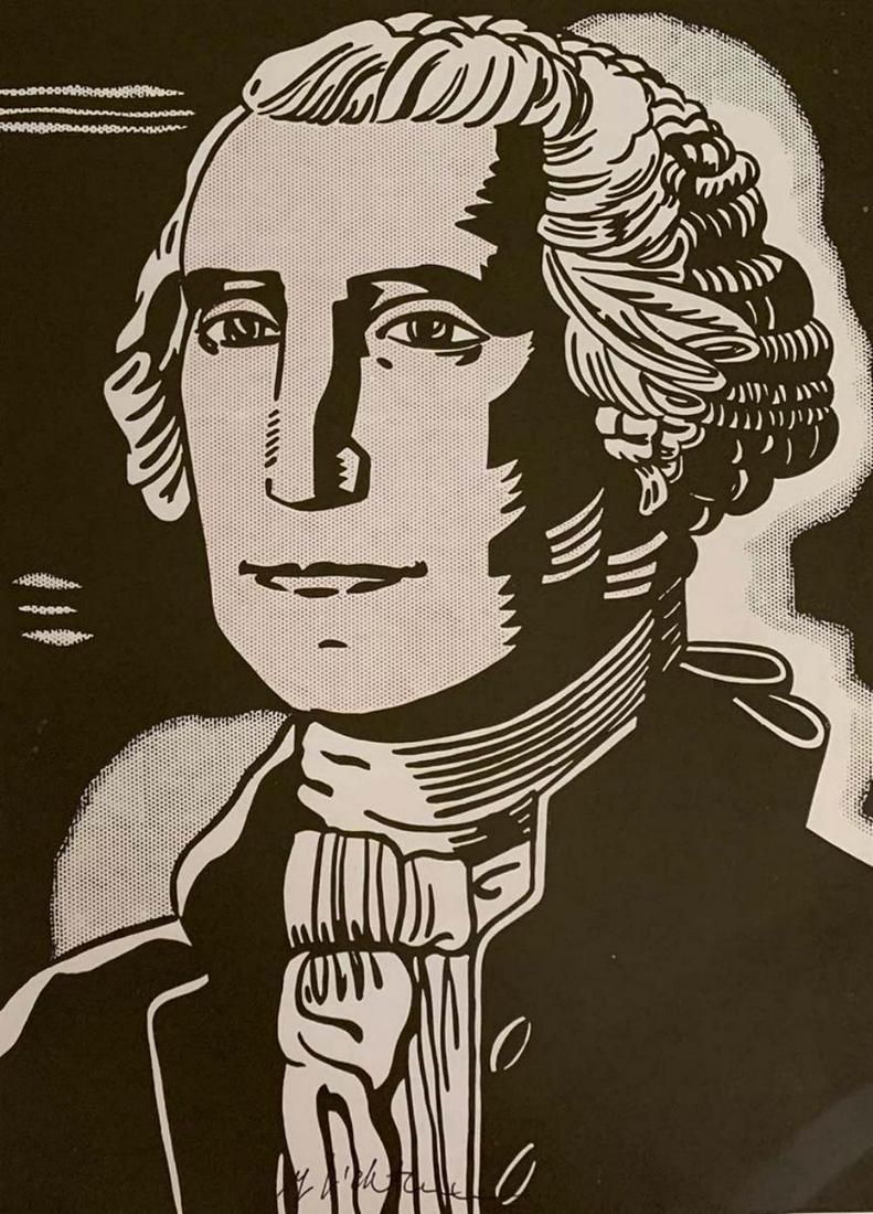 ROY LICHTENSTEIN, George Washington 1962 Hand signed: Book page offset lithograph hand signed Image size: 11 x 11 inch frame size approx: 18" x 18"