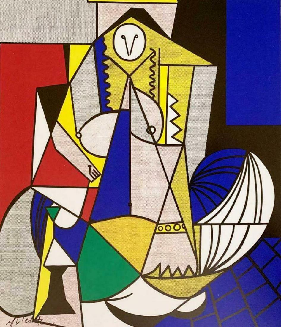 ROY LICHTENSTEIN, Femme d'Alger 1963 Hand signed framed: Femme d'Alger 1963. Book page offset lithograph hand signed Image size: 11 x 11 inch frame size approx: 18" x 18"