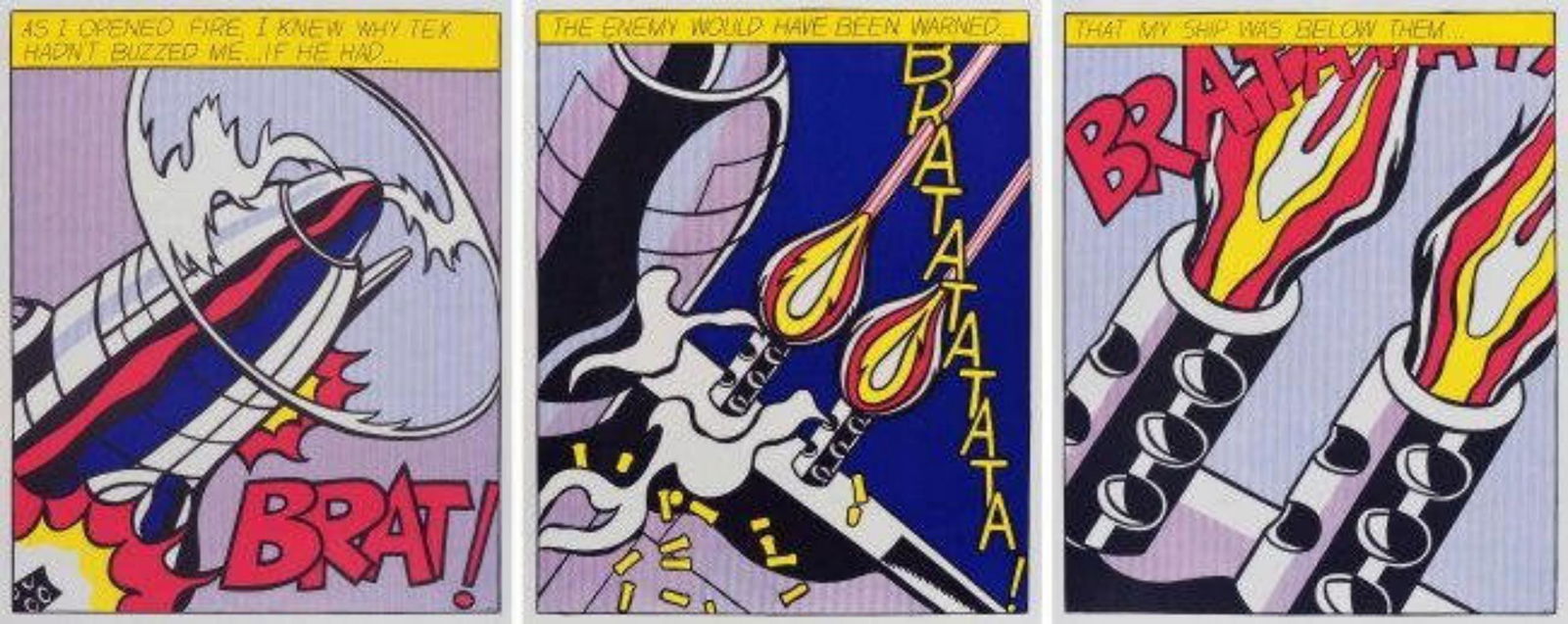 Roy Lichtenstein "as I Opened Fire" Triptychon original: Roy Lichtenstein "as I Opened Fire" Triptychon original silkscreen poster. In this auction is an extremely rare 100% original Roy Lichtenstein Poster Set of three (triptych) from the 80s. Real Collect