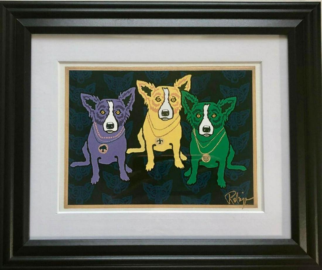 GEORGE RODRIGUE "Mardi Gras Dogs 1993" FRAMED: GEORGE RODRIGUE'S BLUE DOG "Mardi Gras Dogs 1993" FRAMED & MATTED. Overall size of the frame roughly is 9 9/16" high x 11 9/16" wide.