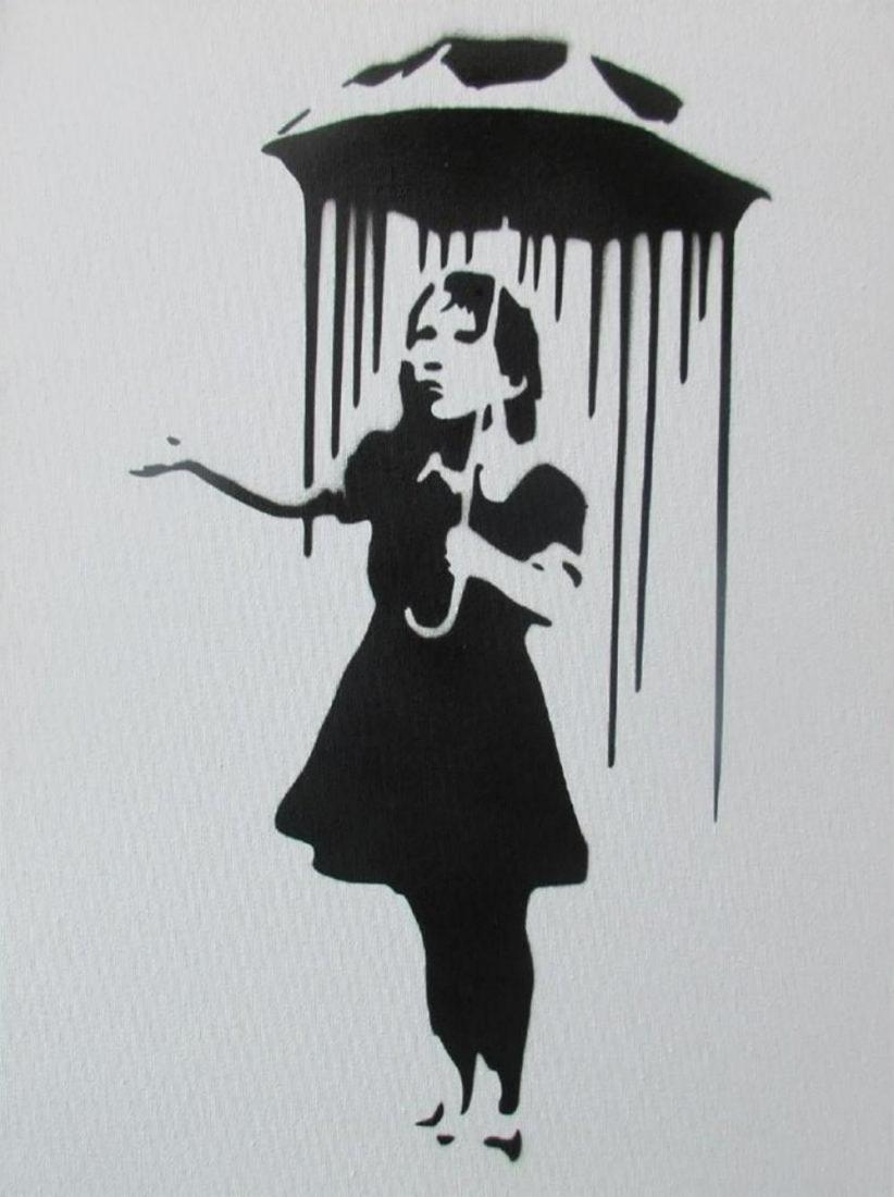 Banksy Dismaland "Nola" spray paint on canvas: Original graffiti artwork from WSM. Sell as souvenir in Dismaland, from an artist invited by Banksy. A tribute for Banksy. Size: 8" x 10" (25.5 x 20.32 cm) canvas board. Dismaland was a temporary art