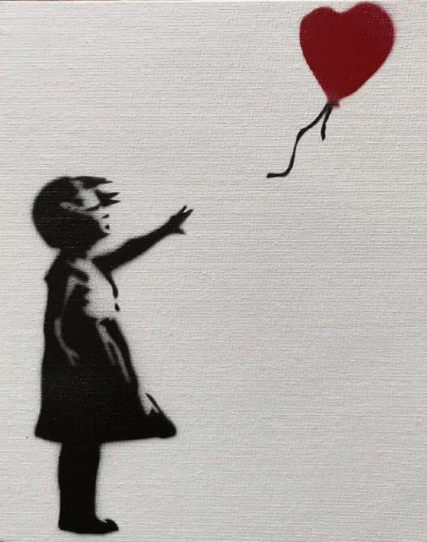 Banksy Dismaland "Ballon Girl" spray paint on canvas: Original graffiti artwork from WSM. Sell as souvenir in Dismaland, from an artist invited by Banksy. A tribute for Banksy. Size: 8" x 10" (25.5 x 20.32 cm) canvas board. Dismaland was a temporary art