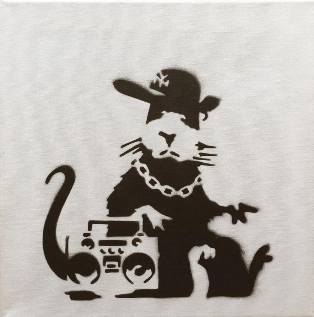 Banksy Dismaland "Gangsta Rat" spray paint on canvas: Original graffiti artwork from WSM. Sell as souvenir in Dismaland, from an artist invited by Banksy. A tribute for Banksy. Size: 8" x 10" (25.5 x 20.32 cm) canvas board. Dismaland was a temporary art