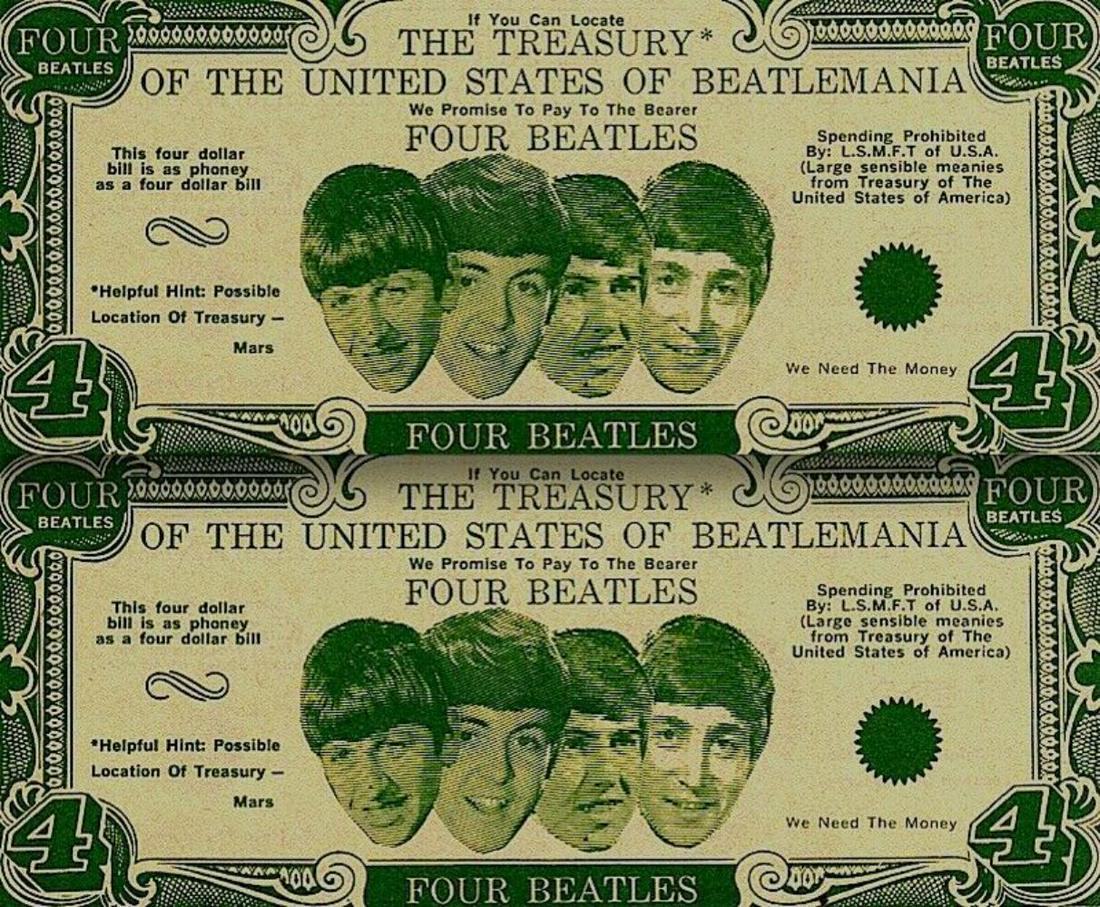 Beatles 1964 Vintage Money Four Dollar: 1964 VINTAGE BEATLES BEATLES MONEY FOUR DOLLAR BILL PAUL JOHN GEORGE RINGO NEAR MINT INCLUDES COA VINTAGE AUTHENTIC ORIGINAL EXTREMELY RARE! AUTHENTIC: This is an authentic vintage 1964 Beatles Money 