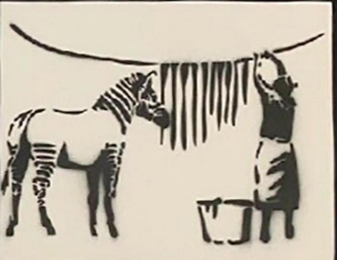 Banksy Dismaland "Zebra Wash" spray paint on canvas: Original graffiti artwork from WSM. Sell as souvenir in Dismaland, from an artist invited by Banksy. A tribute for Banksy. Size: 8" x 10" (25.5 x 20.32 cm) canvas board. Dismaland was a temporary art