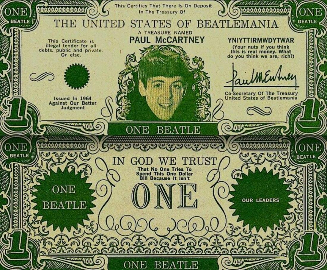 Beatles 1964 Vintage Money Paul McCartney One Beatles: 1964 VINTAGE BEATLES BEATLES MONEY Paul McCartney NEAR MINT INCLUDES COA VINTAGE AUTHENTIC ORIGINAL EXTREMELY RARE! AUTHENTIC: This is an authentic vintage 1964 Beatles Paul McCartney. You get one Bea