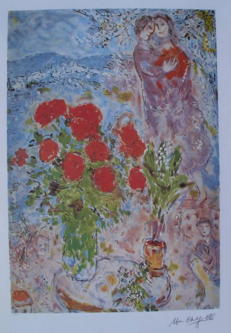 Marc Chagall "RED BOUQUET WITH LOVERS" Ltd. Ed. Litho.: MARC CHAGALL"RED BOUQUET WITH LOVERS"LIMITED EDITION LITHOGRAPH FACSIMILE SIGNED PENCIL NUMBERED EDITION OF 500 One of the greatest names in the history of art is Marc Chagall. Born in old Czarist Rus