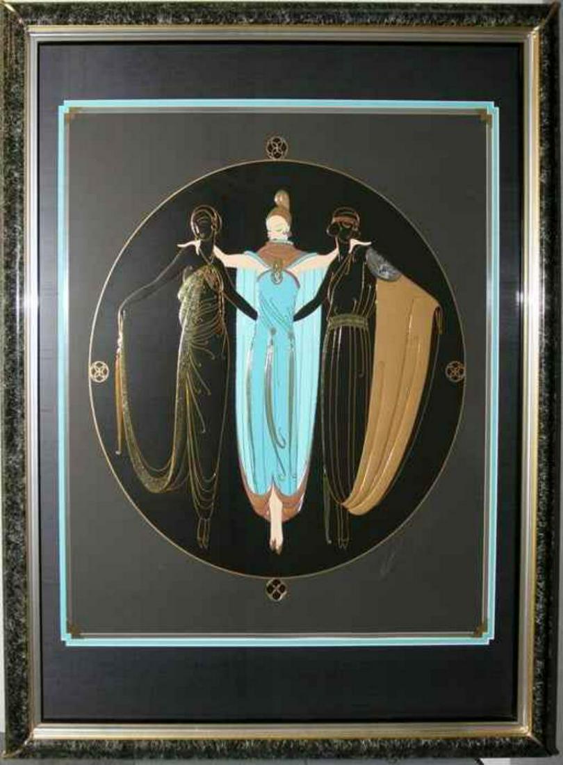Erte, Ladies in Waiting, Serigraph proof framed: n 1907, he lived one year in Paris. He said about this time "I did not discover Beardsley until when I had already been in Paris for a year". Erté is perhaps most famous for his elegant fashion desig