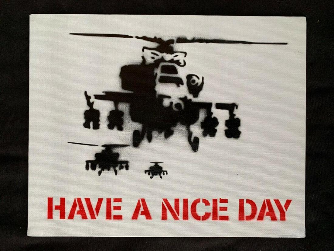 Banksy Dismaland "Have A nice day" spray paint on: Original graffiti artwork from WSM. Sell as souvenir in Dismaland, from an artist invited by Banksy. A tribute for Banksy. Size: 8" x 10" (25.5 x 20.32 cm) canvas board. Dismaland was a temporary art