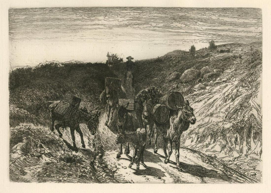 Peter Moran "A Burro Train, New Mexico" original: Artist: Peter Moran Title: "A Burro Train, New Mexico" Medium: original etching Plate size: 6 1/2 x 9 3/8 inches Published in 1880 for the American Art Review. Signed in the plate