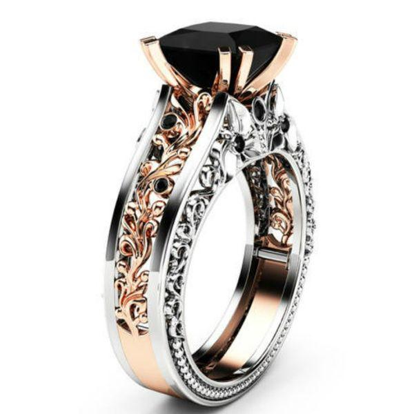 Princess Black Diamond Ring 14K Rose Gold and 925: Princess Black Diamond Engagement Ring 14K Rose Gold and 925 Sterling Silver. Note: This piece is Hand made and can take up to 3 week before it ship. This piece will be ship from Israel Via EMS ones s