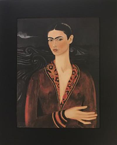 Frida Kahlo, Self portrait in a velvet dress, 1926: Frida Kahlo, Self portrait in a velvet dress, 1926. Vintage printing Photolitho, The actual items are crisp images Black on black archival matting size Approx: 16" x 13"