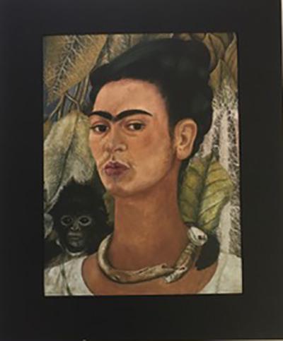 Frida Kahlo, Self portrait with monkey 1938: Frida Kahlo, Self portrait with monkey 1938. Vintage printing Photolitho, The actual items are crisp images Black on black archival matting size Approx: 16" x 13"