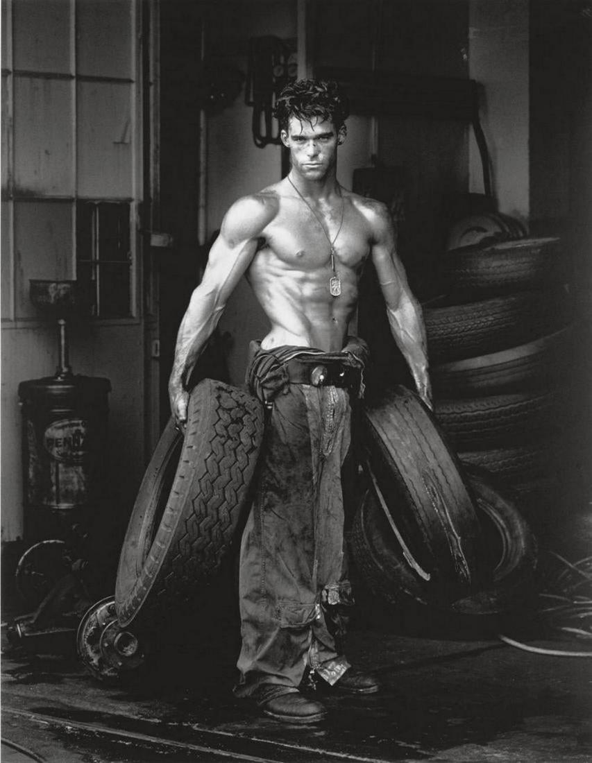 Herb Ritts, Fred with tires, Hollywood, 1984: Herb Ritts, Fred with tires, Hollywood, 1984. Vintage printing from portraits The actual items are crisp images Black on black archival matting , approx : 11x14 inches