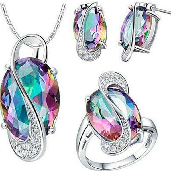 4 Piece Set, Ladies 14K White Gold Colorful Topaz: 4 Pieces / Set of Fashion Classic Ladies 14K White Gold Colorful Topaz Wedding Jewelry Set Earrings + Pendant Necklace + Ring Bride. Note: This piece is Hand made and can take up to 3 week before it s