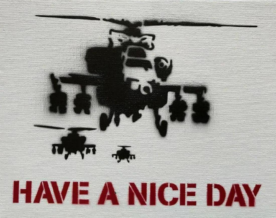 Banksy Dismaland "Have a nice day" spray paint on: Original graffiti artwork from WSM. Sell as souvenir in Dismaland, from an artist invited by Banksy. A tribute for Banksy. Size: 8" x 10" (25.5 x 20.32 cm) canvas board. Dismaland was a temporary art
