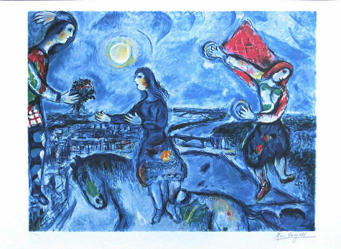 Marc CHAGALL "Lovers Over Paris" Lithograph: MARC CHAGALL "LOVERS OVER PARIS" LIMITED EDITION LITHOGRAPH FACSIMILE SIGNED PENCIL NUMBERED EDITION OF 500 Image Dimensions: 28" x 21" Paper Dimensions: 36" x 25"