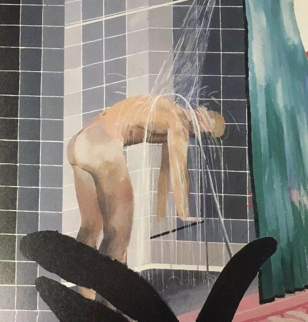 David Hockney- "Man Taking Shower, Beverly Hills" 1964: David Hockney- "Man Taking Shower, Beverly Hills" 1964. Vintage printing Photolitho, The actual items are crisp images Black on black archival matting size Approx: 16" x 13"
