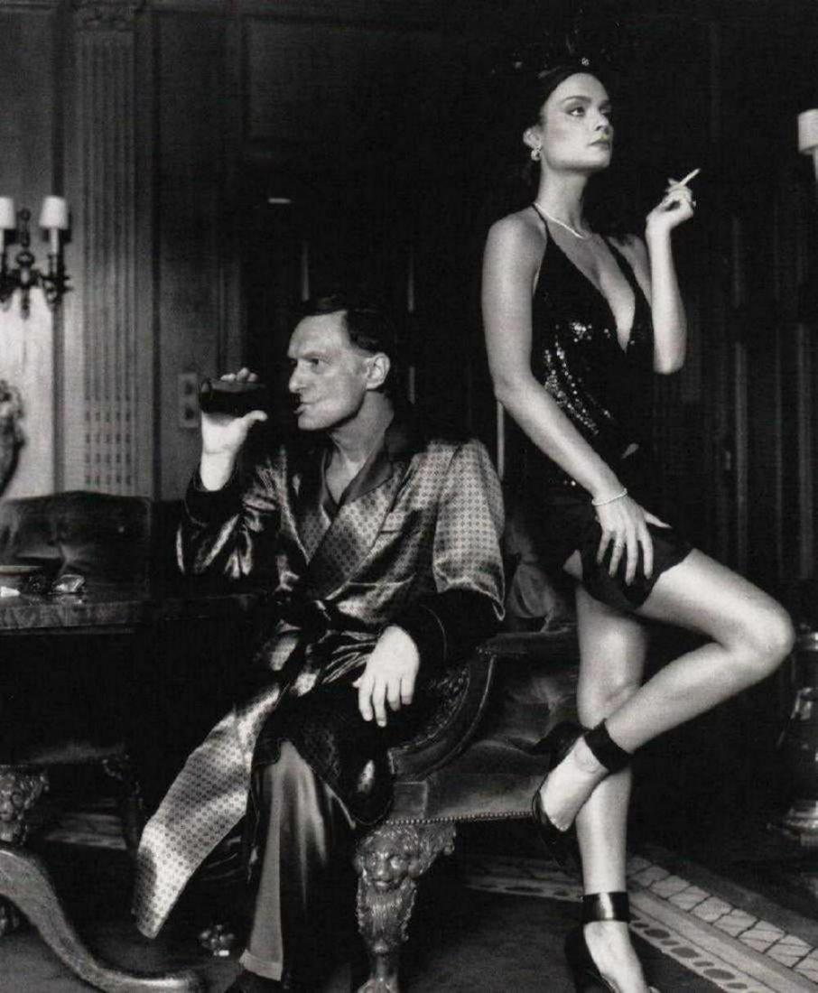 Helmut Newton, Hugh Hefner and Carrie Leigh, Bev Hills,: Helmut Newton, Hugh Hefner and Carrie Leigh, Bev Hills, 1984. Vintage printing from portraits The actual items are crisp images Black on black archival matting , approx : 12x12 inches
