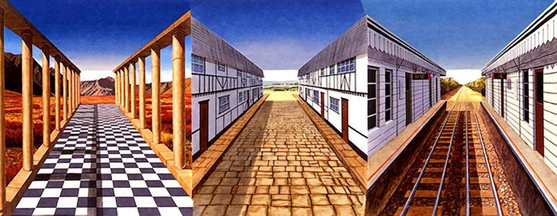 Patrick Hughes, Journey, 3D Hand painted multiple with: Patrick Hughes Journeys 2000, 3 D Hand painted multiple with lithography Edition 40 Paper size: 16.1/2 x 34.1/2 x 6.3/4 in Images size: 16.1/2 x 34.1/2 x 6.3/4 in in original plexi box excellent condi