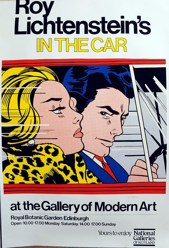 Roy Lichtenstein, Signed exhibition poster "In the Car": Roy LICHTENSTEIN (1923-1997) Plakat "Roy Lichtenstein's In the Car" der Gallery of Modern Art in Edinburgh, 1980' Offset lithograph in colors hand signed. Please note that the signature location may v