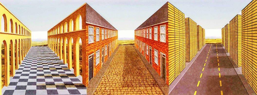 Patrick Hughes Architecture, 3D Hand painted multiple: Patrick Hughes Architecture, 1999, 3 D Picture 3 D Hand painted multiple with lithography Edition 45, signed and numbered Paper size:16.3/4 x 34.3/4 x 6.3/4 in Images size: 16.3/4 x 34.3/4 x 6.3/4 in