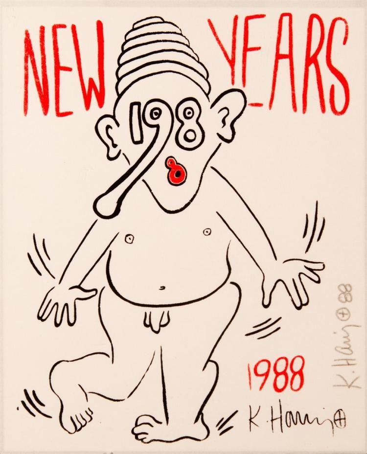 Keith Haring, New Years Invitation 1988, Hand signed: Artist: Keith Haring, American (1958 - 1990) Title: New Years Invitation 1988 (Nude) Year: 1988 Medium: Silkscreen, signed in pencil Image Size: 10 x 8 inches Size: 10.25 x 8.25 in. (26.04 x 20.96 cm)
