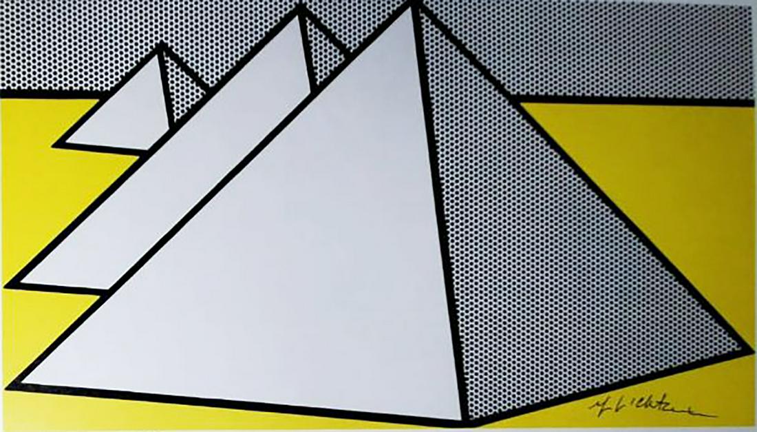 Roy Lichtenstein - The Great Pyramid 1969, Hand signed: Roy Lichtenstein - The Great Pyramid 1969, Hand signed framed, Book page offset lithograph hand signed Image size: 9 x 11 inch frame size approx: 16" x 18"
