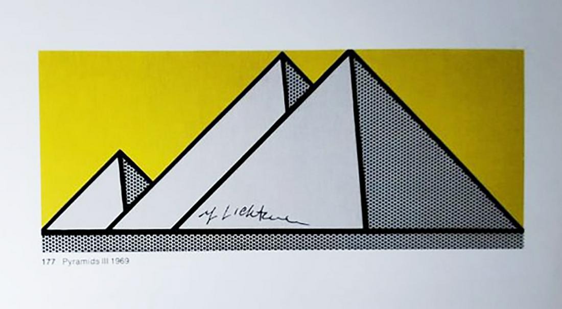 Roy Lichtenstein - Pyramid III, 1969, Hand signed: Roy Lichtenstein - Pyramid III, 1969, Hand signed framed, Book page offset lithograph hand signed Image size: 9 x 11 inch frame size approx: 16" x 18"