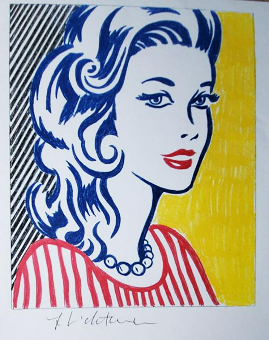 ROY LICHTENSTEIN "Portrait Triptych" Hand signed framed: Roy Lichtenstein, "Portrait Triptych" 1973 vintage retro original and unnumbered hand signed 4 color ink block print. 6" x 5" and 17" x 14" with frame.This small-scale drawings is not a sketch or stud