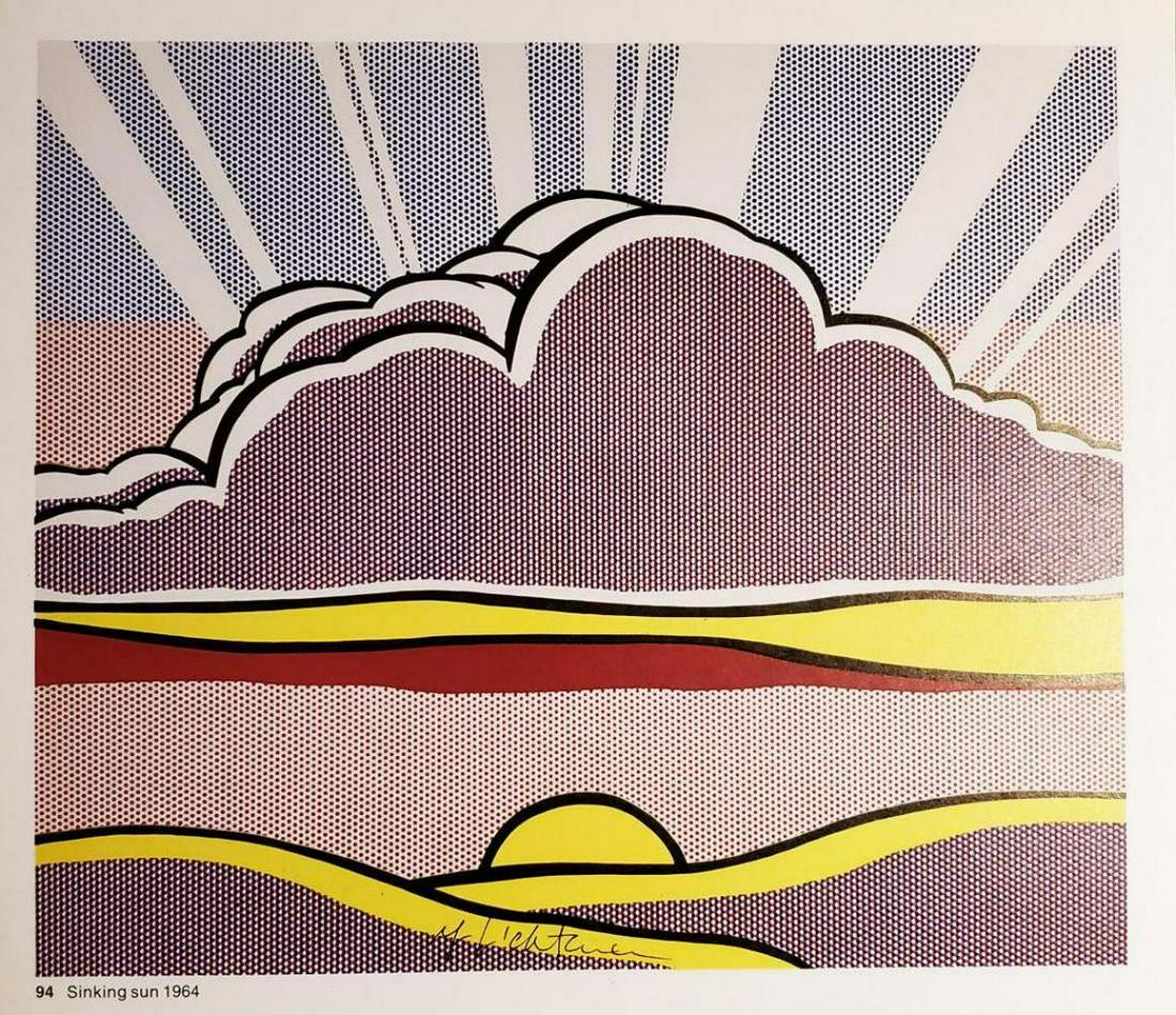 ROY LICHTENSTEIN, Sinking sun 1964 Hand signed framed: ROY LICHTENSTEIN, Sinking sun 1964 Hand signed framed. Book page offset lithograph hand signed Image size: 11 x 11 inch frame size approx: 18" x 18" Please note that the signature location may vary fr
