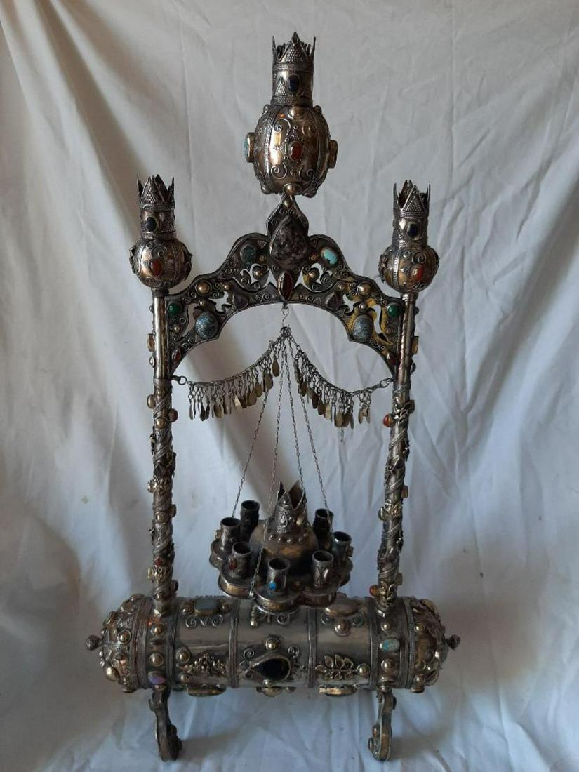 Judaica, Persian silver and agate Silver CHANUKAH: Hand made Persian silver and mixed matel's and agate stones, PERSIAN CHANUKAH MENORAH AND MAGILA 1950's. This is a one of a kind work of art made by a master craftman/artist the item before you is bea