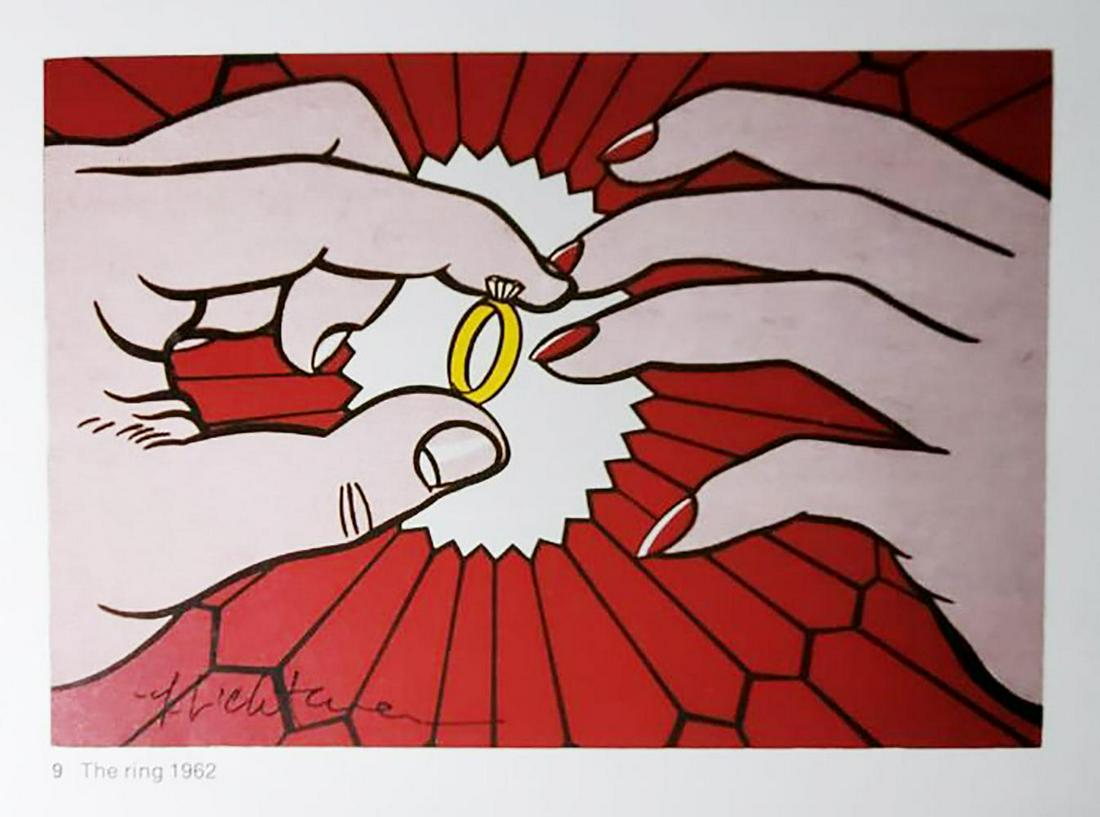 ROY LICHTENSTEIN, The Ring 1962, Hand signed lithograph: Artist: ROY LICHTENSTEIN. Title: "The Ring" Medium: Offset Lithograph (Book Page) Year: 1962 Signed: Hand signed by the Artist Image Size Approx: 11" X 13" Comes framed
