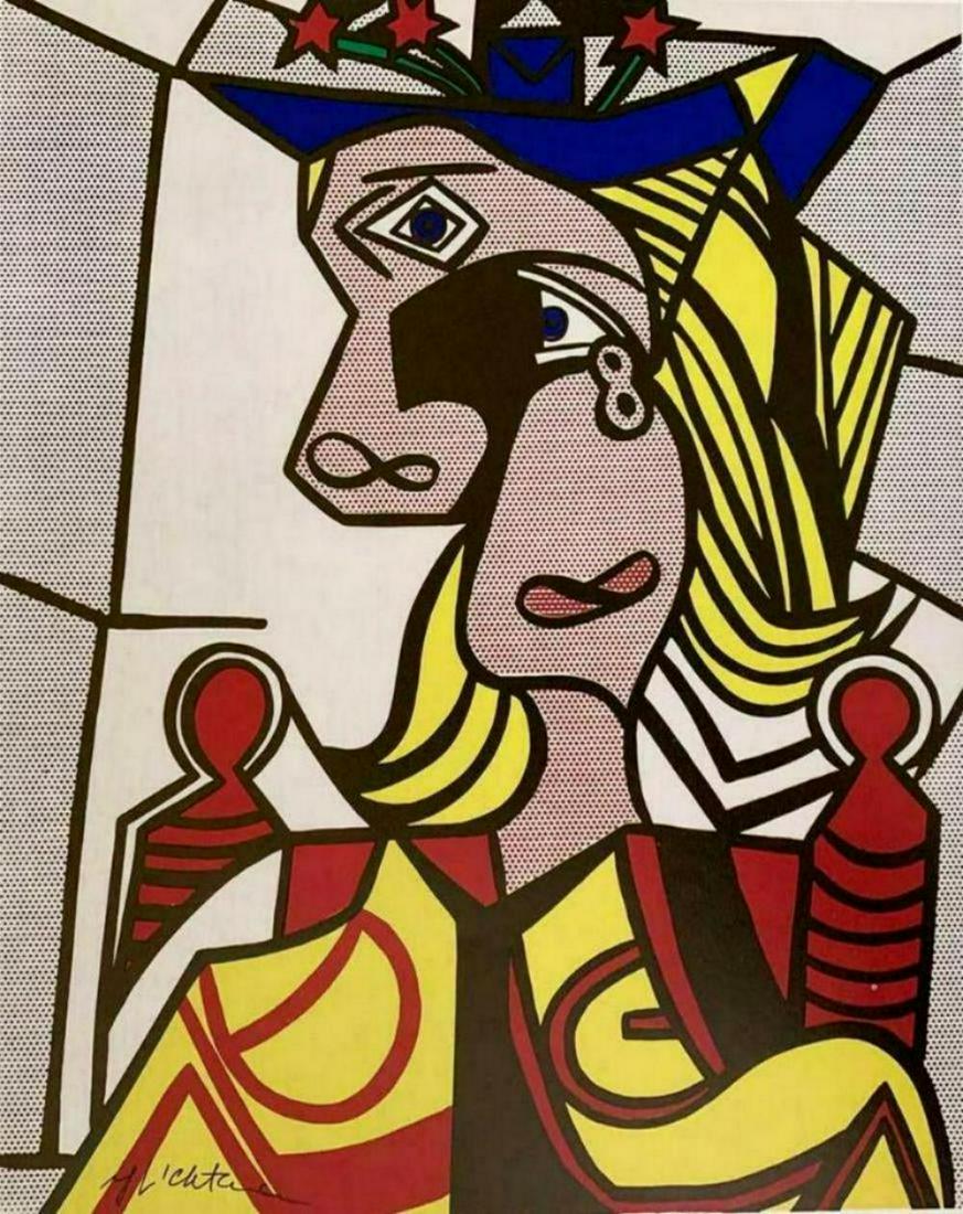 ROY LICHTENSTEIN Woman with Flowered Hat 1963 Signed: Woman with Flowered Hat 1963. Book page offset lithograph hand signed Image size: 11 x 11 inch frame size approx: 18" x 18"