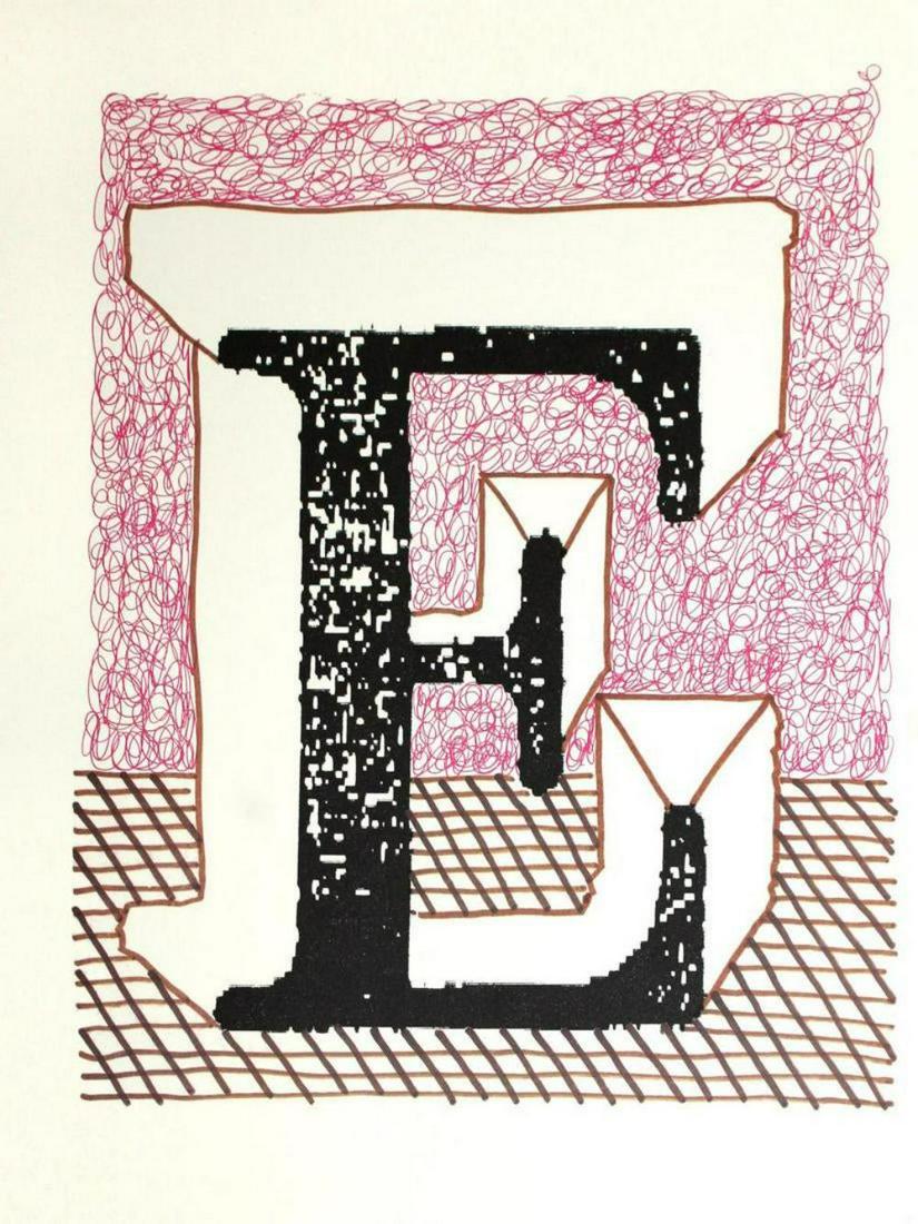 David Hockney - Letter E - Framed Lithograph: Artist: David HockneyTitle: Letter E from "Hockney's Alphabet"Year: 1991Dimensions: 12 5/8in. by 9 5/8in. Frame size approx: 20x17 Inches.Publisher: Faber and Faber Limited LondonSuite: Hockney's Alph