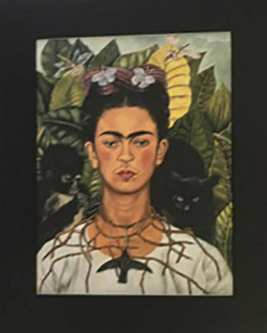 Frida Kahlo, Self portrait with necklace of thorns,: Frida Kahlo, Self portrait with necklace of thorns, 1940. Vintage printing Photolitho, The actual items are crisp images Black on black archival matting size Approx: 16" x 13"