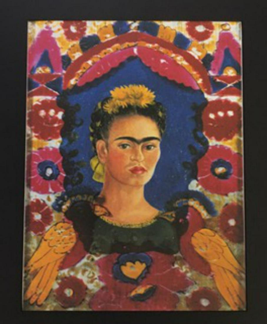 Frida Kahlo, Self portrait, Ã‚Â“the frameÃ‚: Frida Kahlo, Self portrait, Ã‚“the frameÃ‚” 1938. Vintage printing Photolitho, The actual items are crisp images Black on black archival matting size Approx: 16" x 13"