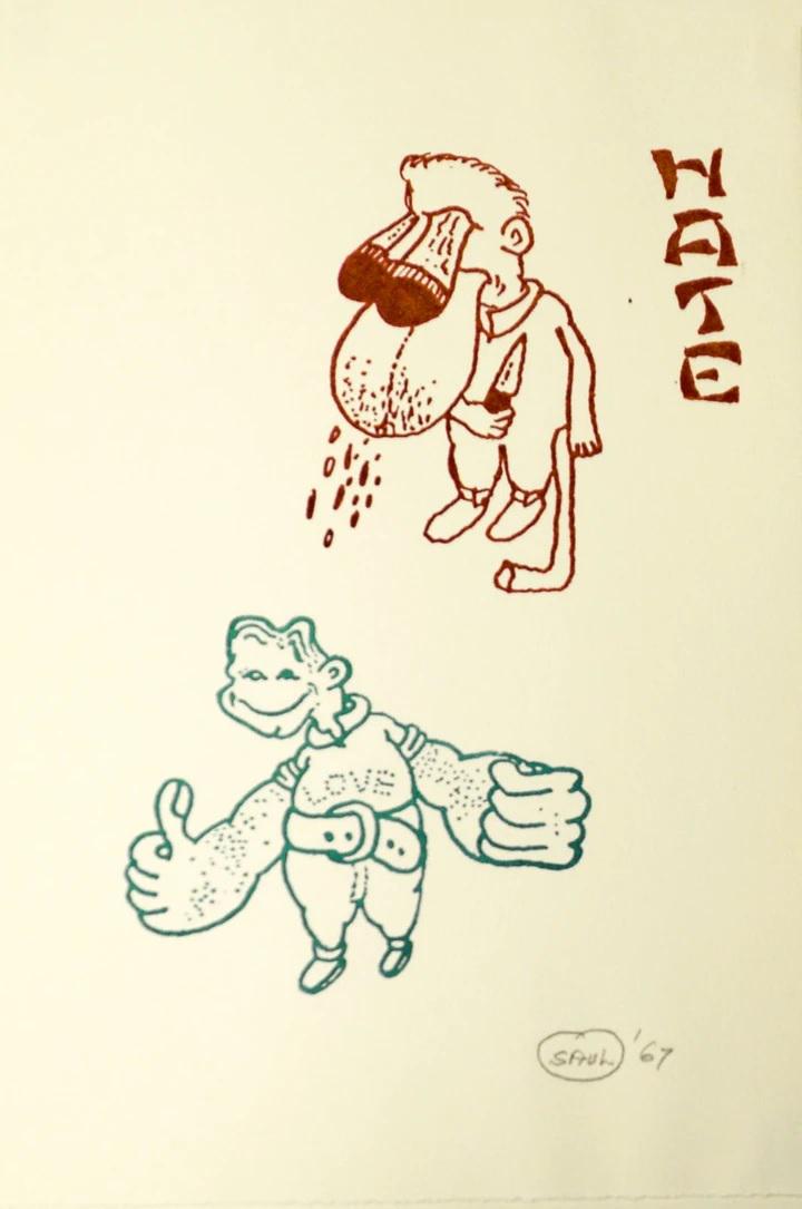 Peter Saul UNTITLED, 1967, rubber stamp print, Signed,: Peter Saul UNTITLED, 1967 color rubber stamp print on Rives BFK paper (Edition of 225) signed and dated in pencil Paper size: 11.1/2 x 8.3/4 inches (29.21 x 22.22 cm.) Images size: 11.1/2 x 8.3/4 inch