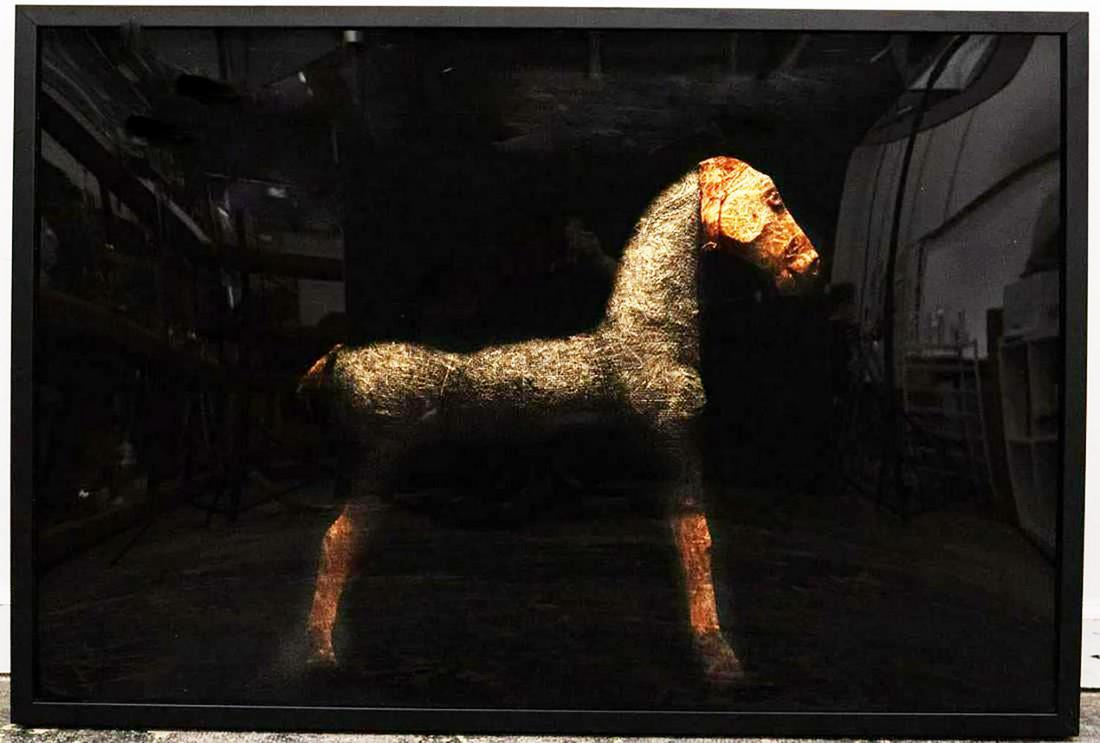 Todd Murphy, "Straw Horse" Mixed media monotype, framed: Todd Murphy (American (Georgia), b. 1962 -). "Straw Horse" - 21st century, mixed media monotype. Figural depiction of horse using straw, burlap and tulle behind painted Plexiglas to create texture, de