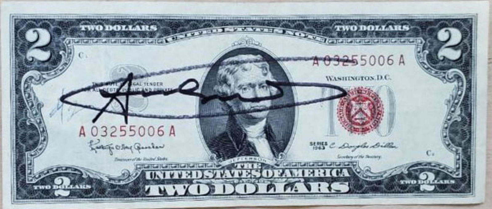 Andy Warhol Two Dollar Bill Jefferson, 1963 Hand signed: Andy Warhol Two Dollar Bill Jefferson, 1963 Hand signed
