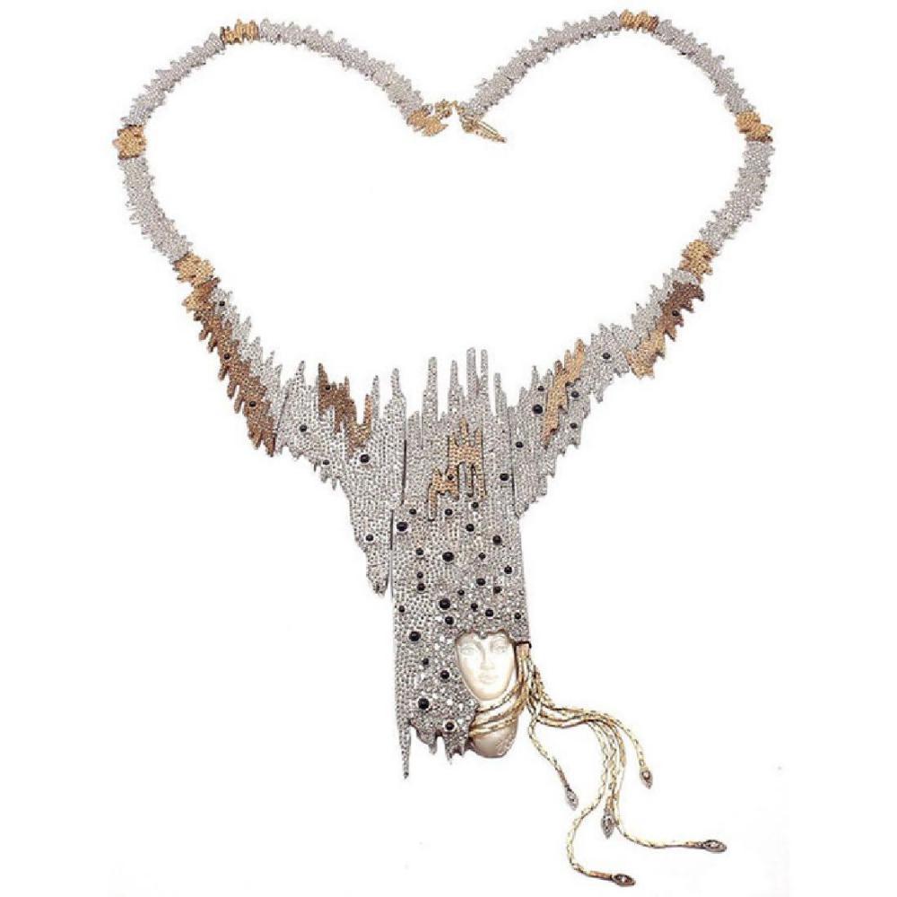 Erte, "Sophistication" Necklace Diamonds, Onyx, 14k and: Erte's "Sophistication necklace/brooch has to be seen with your own eyes to be appreciated. Not in any book, not on any website, and though I hate to say it, not even in our photos can one ever see th