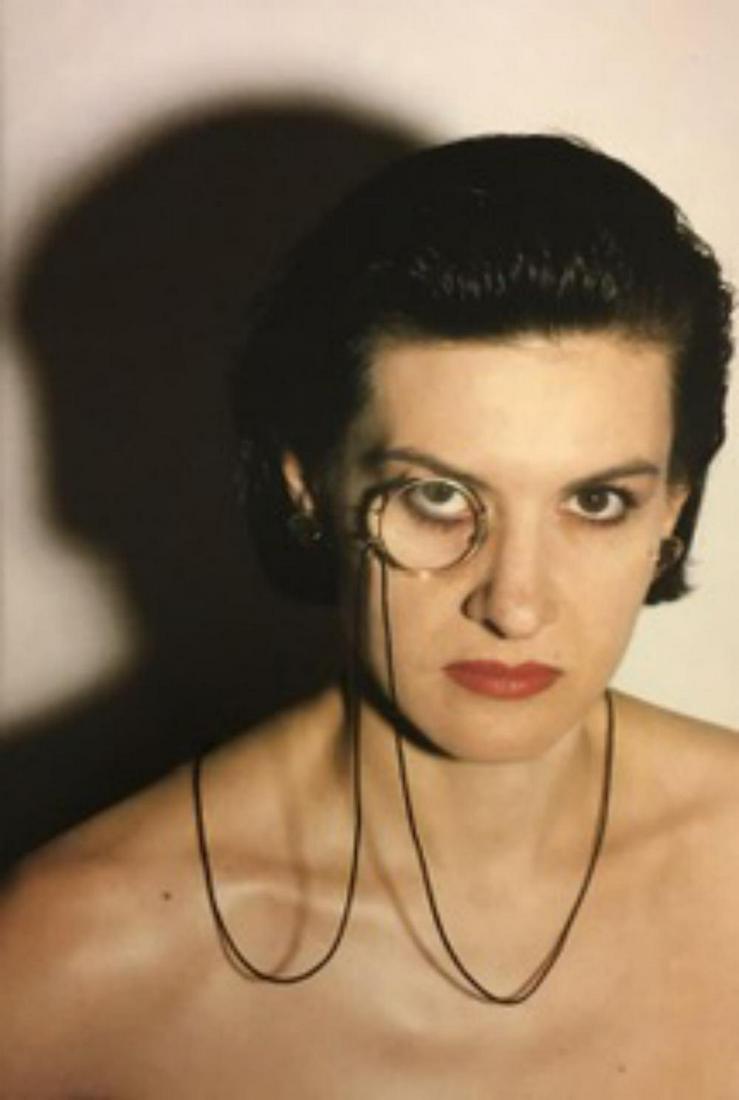 Helmut Newton, Paloma Picasso with monocle, Nice 1983: Helmut Newton, Paloma Picasso with monocle, Nice 1983. Vintage printing Photolitho, The actual items are crisp images Black on black archival matting