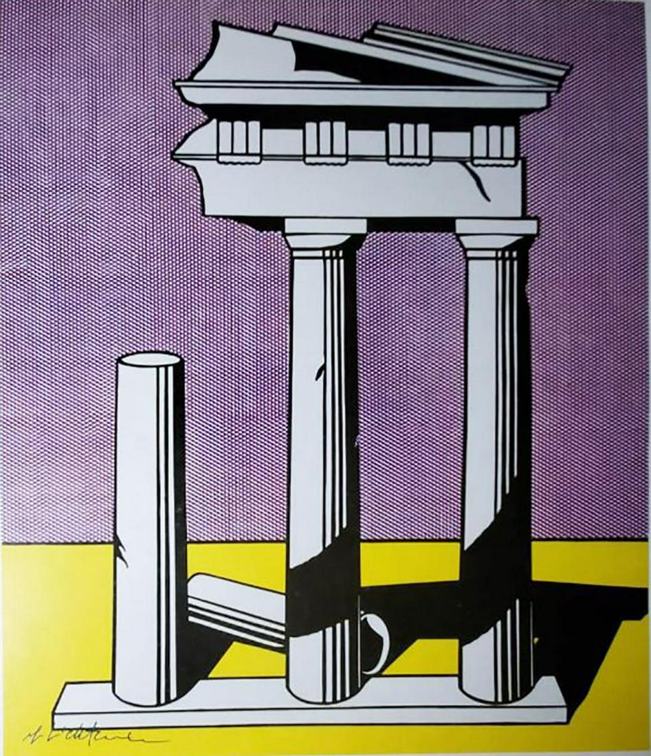 ROY LICHTENSTEIN, Temple II, 1965 - Hand signed lithog.: Artist: ROY LICHTENSTEIN Title: "Temple II" Medium: Offset Lithograph (Book Page) Year: 1965 Signed: Hand signed by the Artist Image Size Approx: 11" X 18" Frame Approx: 18" x 15"