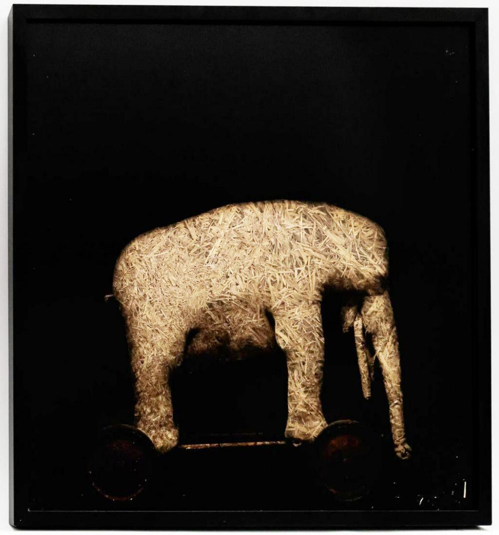 Todd Murphy, Mixed Media monotype "Straw Elephant": Todd Murphy (American (Georgia), b. 1962 -). "Straw Elephant" - 21st century, mixed media monotype. A figural depiction of elephant using straw and burlap behind painted Plexiglas to create texture, d