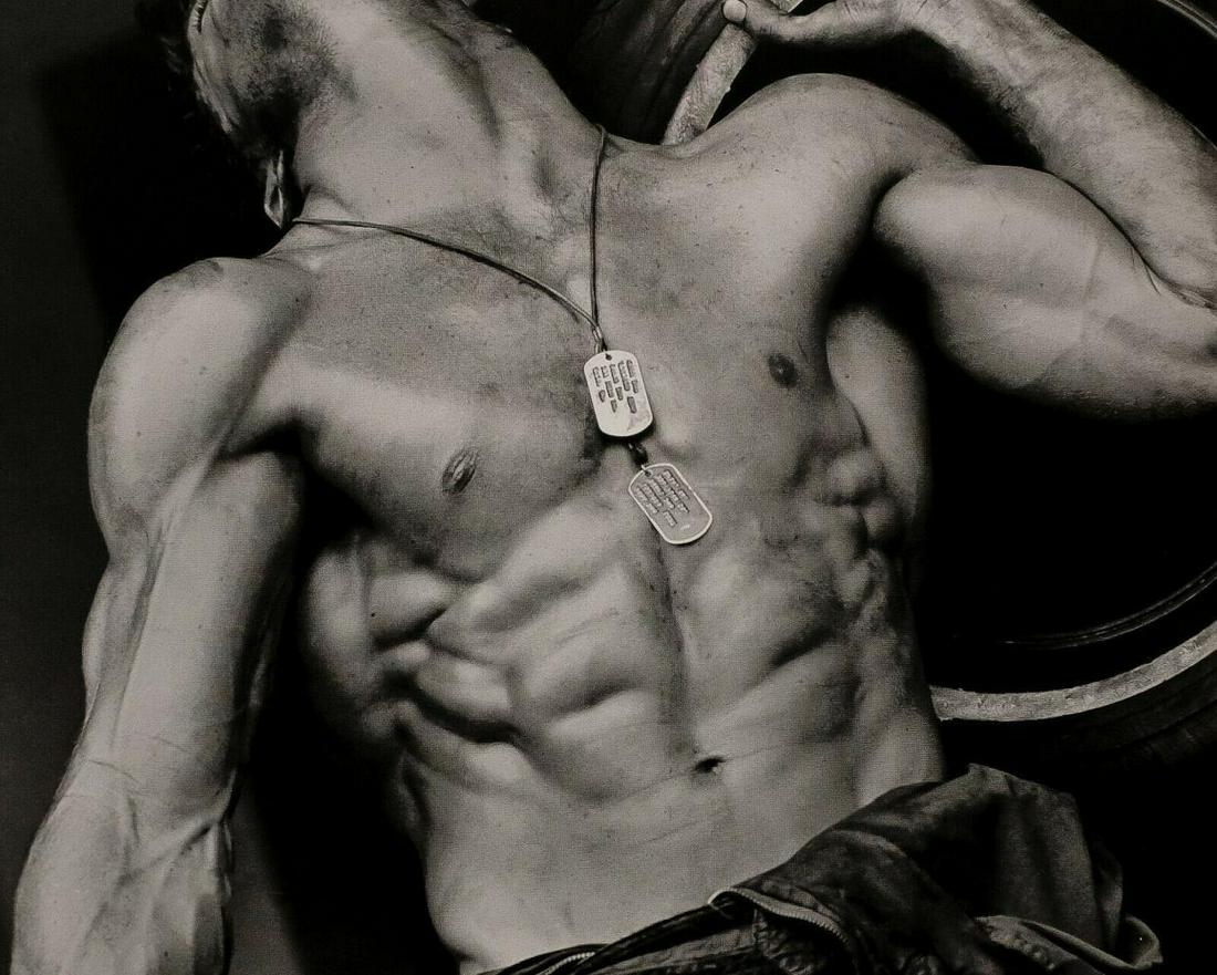 HERB RITTS, Fred With Tires, 1984: Photographer: Herbert "Herb" Ritts (American, 1952 - 2002) - renowned fashion, art and celebrity photographer.Subject: "Fred With Tires I, Hollywood".Date Of Negative: 1984Type Of Print: Fine Duotone 
