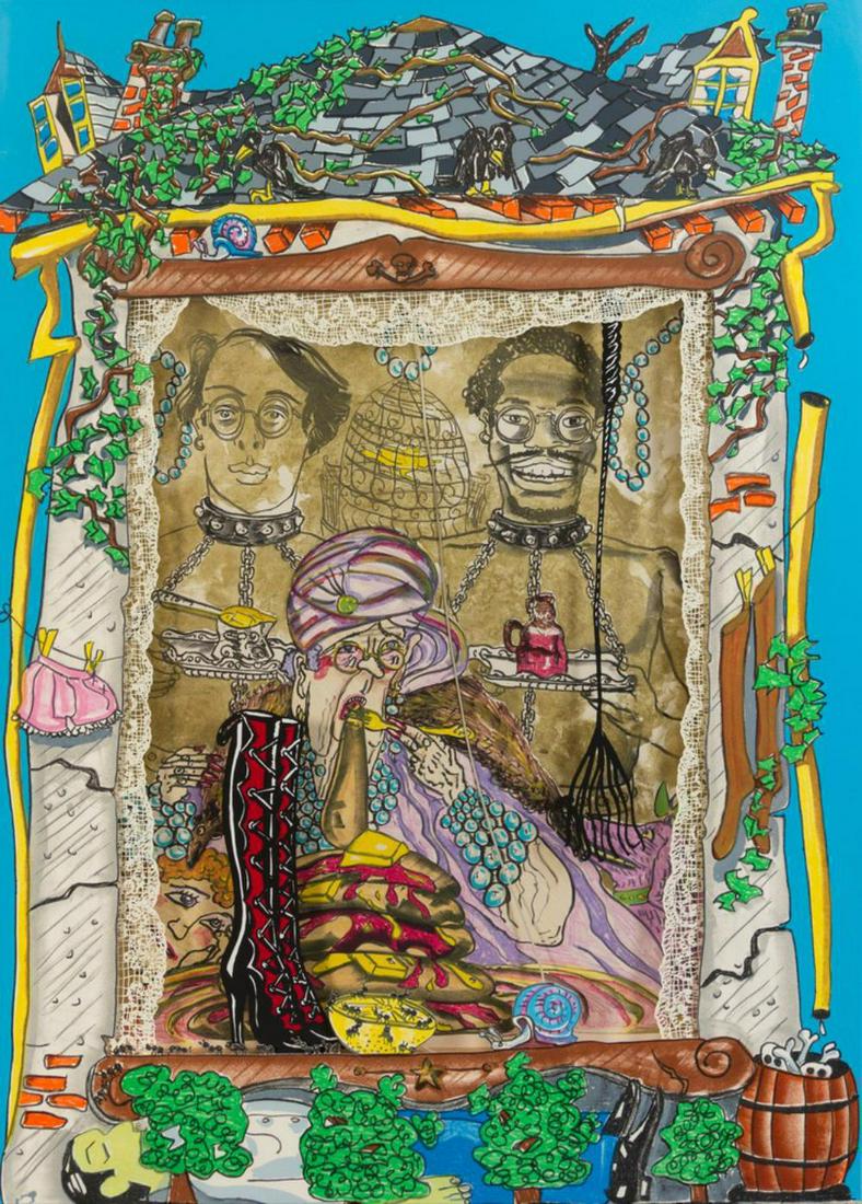 Red Grooms, The Pancake Eater, Lithograph and: Red Grooms (b. 1937) The Pancake Eater lithograph and screenprint in colors with gold radiance powder, cut outs and window shade with string, in original Plexiglas frame, 1981, signed and dated in red