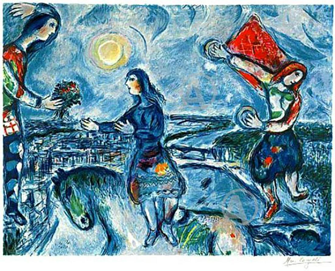 Marc Chagall "Lovers Over Paris" faxm. signed/numbered: Artist: Marc Chagall (After)Title: "Lovers Over Paris" Media: Offset Lithograph Signed: Facsimile Signature Edition: limited edition of 500 Size: 24.5" X 35.5"