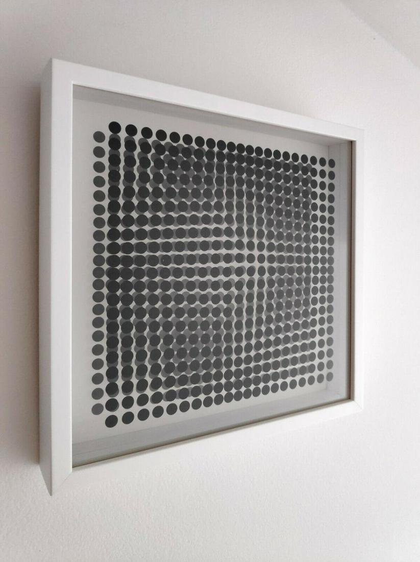 Victor Vasarely - Oeuvres Profondes Cinetiques II: Victor Vasarely - Oeuvres Profondes Cinetiques II, 3D sculptures/objects custom framed in gallery wooden frames with glass. Dimensions: 29 x 29 cm (11.4 x 11.4 in.) Published by Editions du Griffon Ne